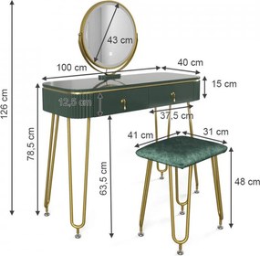 Masuta machiaj cu Oglinda LED si 2 Sertare pentru Cosmetice, Set Masa toaleta 100 cm, masuta cosmetica, vanity - SEV203