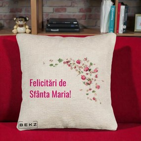 Cadou de Onomastica - Perna Personalizata Felicitari de Sfanta Maria, 40x40 cm, Bej Canapea, Husa Detasabila, Perna Inclusa, BEKZ®