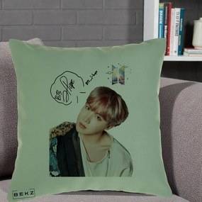 Perna Personalizata K-pop BTS J-Hope Par Roz Autograf, 40x40 cm, Verde, Husa Detasabila, Perna Inclusa, BEKZ®