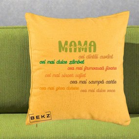 Cadou pentru Mama - Perna Personalizata Mama Cel Dintai Cuvant cu Text Colorat Multicolor, 40x40 cm, Galben, Husa Detasabila, Perna Inclusa, BEKZ®