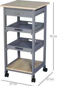 HOMCOM Carucior Bucatarie Sertar 2 Tavi Glisante Blat Fix Lemn Pin MDF 37x37x76cm Gri Stejar | Aosom Romania