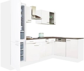 Dulap de bucătărie de colț Yorki 280, corp alb, față alb satinat, cu frigider sub blat