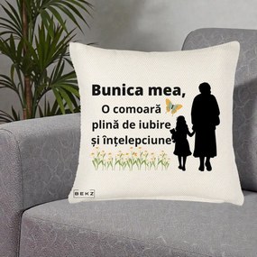 Cadou pentru Bunica - Perna Personalizata Bunica Mea Comoara Iubire Intelepciune Varianta Extinsa, 40x40 cm, Crem Reliefat, Husa Detasabila, Perna Inclusa, BEKZ®
