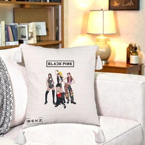 Perna Personalizata K-pop BLACKPINK Fotografie de Grup, 40x40 cm, Bej cu Franjuri, Husa Detasabila, Perna Inclusa, BEKZ®