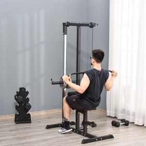 HOMCOM Statie de Fitness Pull Down pentru Sala de gimnastica in Casa cu Banca si Cablu Reglabil, din Otel 107x120x190cm Negru | Aosom Romania