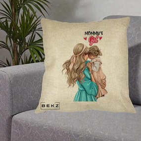 Cadou pentru Mama - Perna Personalizata Mommy's Girl Mama si Fetita, 40x40 cm, Crem, Husa Detasabila, Perna Inclusa, BEKZ®