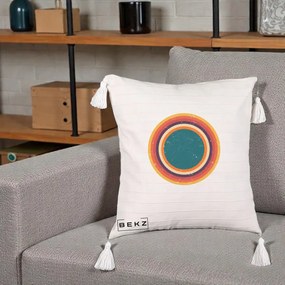 Perna Decorativa Retro Cerc Concentric Geometric Vintage, 40x40 cm, Bej cu Franjuri, Husa Detasabila, Perna Inclusa, BEKZ®
