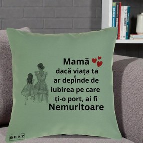 Cadou pentru Mama - Perna Personalizata Mama Nemuritoare Line Art, 40x40 cm, Verde, Husa Detasabila, Perna Inclusa, BEKZ®