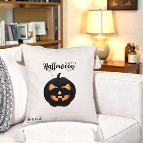 Perna Decorativa Happy Halloween Dovleac Negru cu Paianjen, 40x40 cm, Bej cu Franjuri, Husa Detasabila, Perna Inclusa, BEKZ®