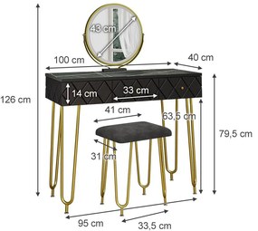 SEN246 - Set Masa toaleta, 100 cm, cosmetica machiaj, oglinda cu LED, masuta vanity, scaun tapitat - Negru-Auriu