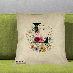 Cadou Personalizat - Perna Personalizata Monogram Litera L cu Flori Acuarela, 40x40 cm, Crem, Husa Detasabila, Perna Inclusa, BEKZ®
