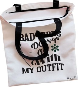 Sacosa de Panza pentru Cumparaturi, Geanta Tote, model Bad vibes don't go with my outfit, Cu fermoar, 38x34.5 cm, Alba, BEKZ®