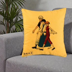 Perna Personalizata Gintama Trio Gintoki Shinpachi Kagura, 40x40 cm, Galben, Husa Detasabila, Perna Inclusa, BEKZ®