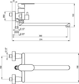 ALPINIA Baterie pentru chiuvetă, montare pe perete, cu pipă alungită - racord furtun Finisaj: Crom BGA_056M