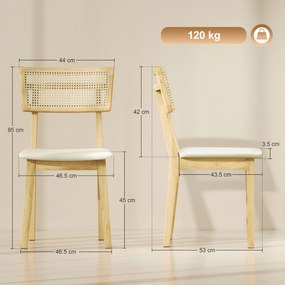 HOMCOM Scaun de Masă, Spătar din Răchită, Șezut din Piele Ecologică, Lemn de Cauțiuc, Lemn Natural | Aosom Romania