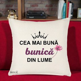 Cadou pentru Bunica - Perna Personalizata Cea Mai Buna Bunica Din Lume Coroana Mov Floare Roz, 40x40 cm, Crem Reliefat, Husa Detasabila, Perna Inclusa, BEKZ®