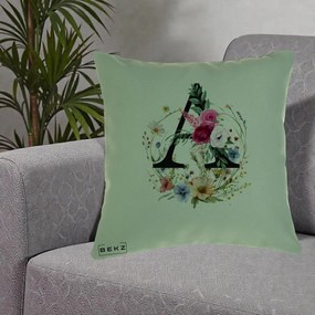 Cadou Personalizat - Perna Personalizata Monogram Litera A cu Flori Acuarela, 40x40 cm, Verde, Husa Detasabila, Perna Inclusa, BEKZ®