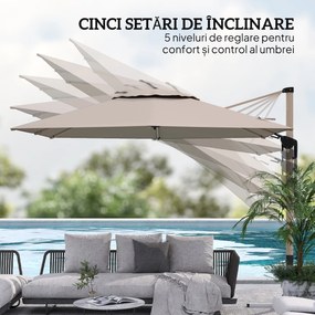 Outsunny Umbrelă de Grădină Suspendată Înclinabilă cu Bază în Cruce UPF50+, Kaki | Aosom Romania