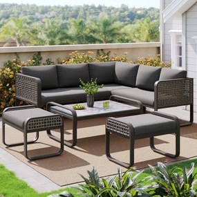 Set de lounge pentru grădină pentru 6-7 persoane, mobilier din ratan cu cadru din fier galvanizat și picioare reglabile, inclusiv perne de șezut și spătar, Gri