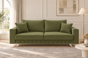 Canapea extensibilă Amara catifea, kaki, picioare argintii, cu ladă de depozitare