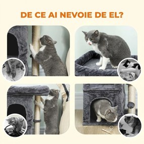PawHut Ansamblu de joacă pentru pisici de până la 7 kg cu 2 căsuțe, pat și stâlp de sisal, 66cm, Gri | Aosom Romania