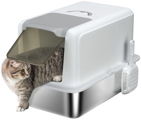 PawHut Toaletă pentru pisici, vas din oțel inoxidabil, filtru, lopată, pentru pisici până la 6 kg, 40,5 x 60,5 x 41,5 cm, Alb/Argintiu | Aosom Romania
