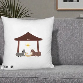 Perna Decorativa Ieslea din Betleem cu Iesle Asin si Bou, 40x40 cm, Alb Pufos, Husa Detasabila, Perna Inclusa, BEKZ®