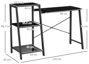 HOMCOM Birou pentru camera si birou cu raft 3 rafturi, birou modern din sticla si metal, 126x45x86.7cm, negru