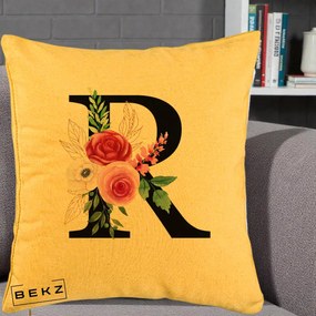Cadou Personalizat - Perna Personalizata Monograma Florala Litera R, 40x40 cm, Galben, Husa Detasabila, Perna Inclusa, BEKZ®