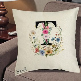 Cadou Personalizat - Perna Personalizata Monogram Litera T cu Flori Acuarela, 40x40 cm, Ecru, Husa Detasabila, Perna Inclusa, BEKZ®