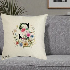 Cadou Personalizat - Perna Personalizata Monogram Litera S cu Flori Acuarela, 40x40 cm, Ecru, Husa Detasabila, Perna Inclusa, BEKZ®