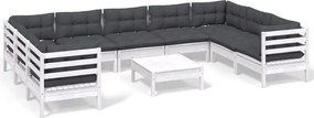 vidaXL Set mobilier de grădină cu perne, 10 piese, alb, lemn masiv pin