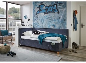 Pat pentru copii albastru închis pe colț tapițat cu spațiu de depozitare cu somieră 90x200 cm Fun – Meise Möbel