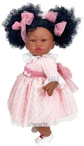 Papusa Artizanala cu miros de vanilie - Celia Afro cu rochita roz plumeti (45cm)