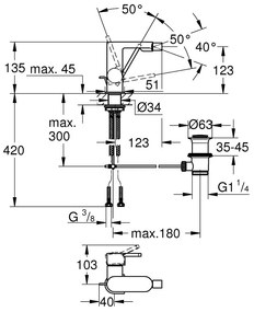 Baterie bideu Grohe Plus, ventil inclus, crom lucios