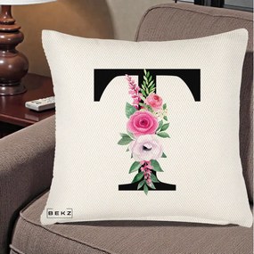 Cadou Personalizat - Perna Personalizata Monograma Florala Litera T, 40x40 cm, Crem Reliefat, Husa Detasabila, Perna Inclusa, BEKZ®
