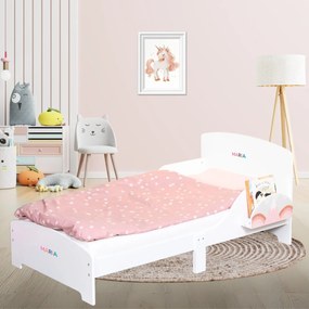 Pat Copii Suporto cu Protectie Laterala si Raft Depozitare Carti si Jucarii, Model Curcubeu, Patut pentru Fetite Varsta de 3 - 8 Ani, Mobilier din SP