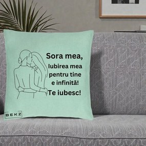 Cadou pentru Sora - Perna Personalizata Sora Mea Te Iubesc Imbratisare din Spate Line Art, 40x40 cm, Verde Menta, Husa Detasabila, Perna Inclusa, BEKZ®