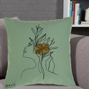 Perna Decorativa Portret Feminin Floare Portocalie Lateral, 40x40 cm, Verde, Husa Detasabila, Perna Inclusa, BEKZ®