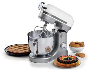 Mixer planetar Ariete MODERNA 1589/01, 3200W, 5.5 L, 11 viteze, Carcasa aluminiu masiv, Accesorii, Alb/Inox