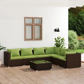Set mobilier de gradina cu perne, 7 piese, maro, poliratan maro si verde, 3x mijloc + 3x colt + masa, 1
