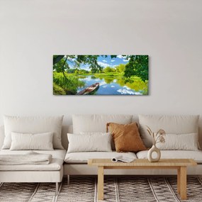 Tablou cu râu de vară și barcă (120x50 cm)