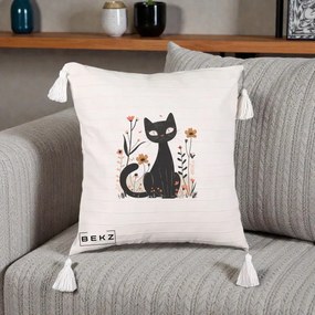Perna Decorativa Pisica Neagra Flori Pastel Folk, 40x40 cm, Bej cu Franjuri, Husa Detasabila, Perna Inclusa, BEKZ®