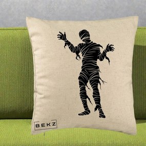Perna Decorativa Mormii Infricosat Silueta Neagra Halloween, 40x40 cm, Bej, Husa Detasabila, Perna Inclusa, BEKZ®