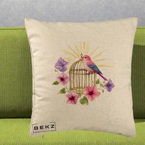 Perna Decorativa Pasare Roz pe Colivie Aurie cu Flori, 40x40 cm, Bej, Husa Detasabila, Perna Inclusa, BEKZ®