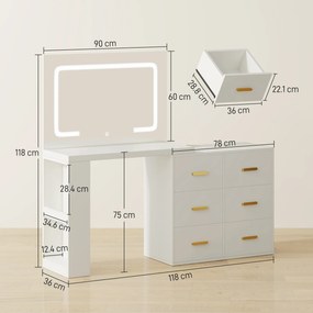 HOMCOM Stație de Machiaj cu Lumini LED, 3 Culori, Luminozitate Reglabilă, Toaletă Convertibilă cu Prize Electrice, 6 Sertare Soft Close, Oglindă, Rafturi Deschise, pentru Dormitor, Alb | Aosom Romania