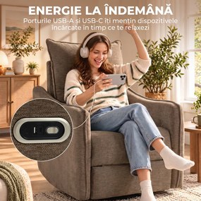 HOMCOM Fotoliu Recliner Electric 155° cu Suport pentru Picioare, Rotire 270°, Șezut Lat, Balans, Șenilă, Kaki | Aosom Romania