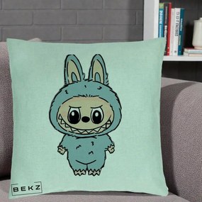 Perna Personalizata Labubu Albastru-Gri Solo, 40x40 cm, Verde Menta, Husa Detasabila, Perna Inclusa, BEKZ®