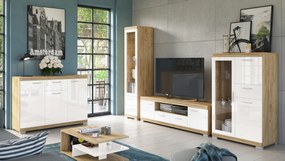 Mazzoni Mobilier perete SIMPLE Stejar Craft Auriu/Alb Luciu - COMODĂ MARE TV VITRINĂ DOUĂ COMODE PENTRU LIVING