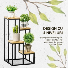 Outsunny Raft pentru Plante cu 4 niveluri din Metal și Lemn de Brad pentru Interior și Exterior, 34x34x66 cm, Natural | Aosom Romania